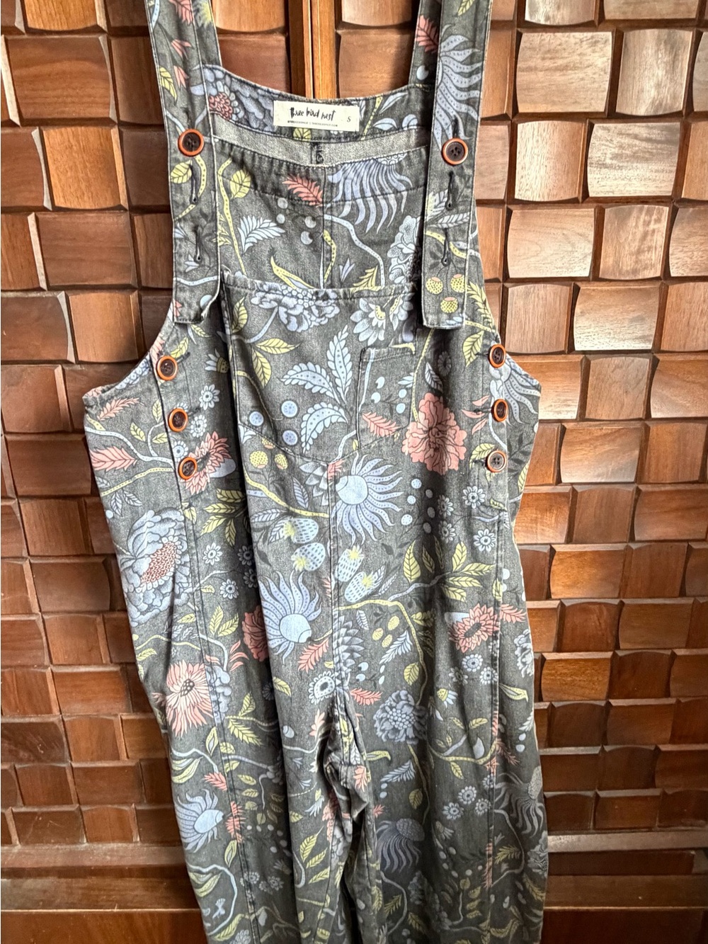 Three Bird Nest Gray Floral Overalls Jumpsuit with Pastel Accents